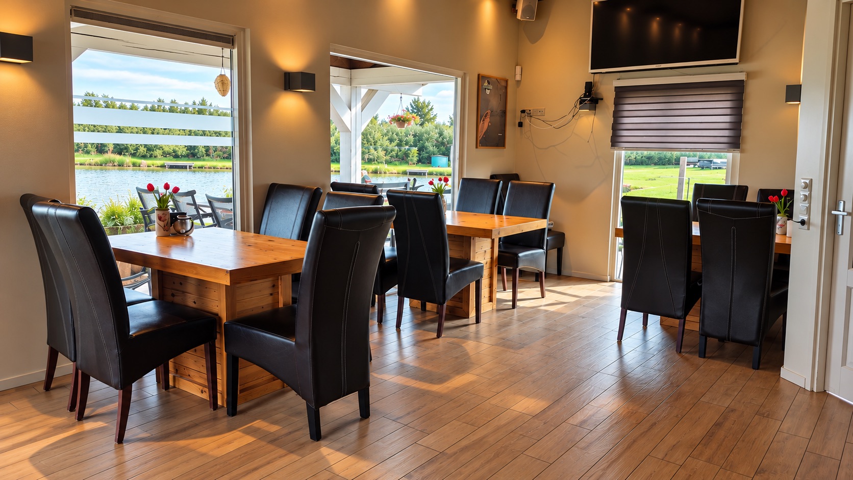 De kantine van Het Broek met houten tafels en uitzicht op het water